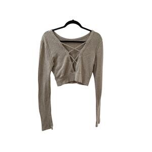 FASHION NOVA Heather Taupe Cropped Knit Sweater Open Back SIZE MEDIUM 6 8 US